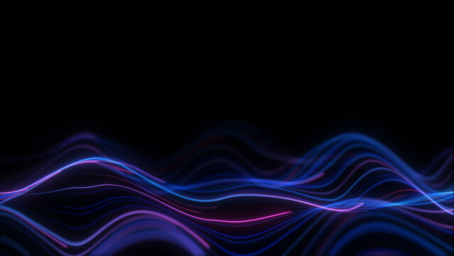 Multicolored sound waves frequency on black background. Blue pink neon audio waveform graph flowing smoothly, audio visualizer, sound analyzer screen, music wave interface, glowing illustration 