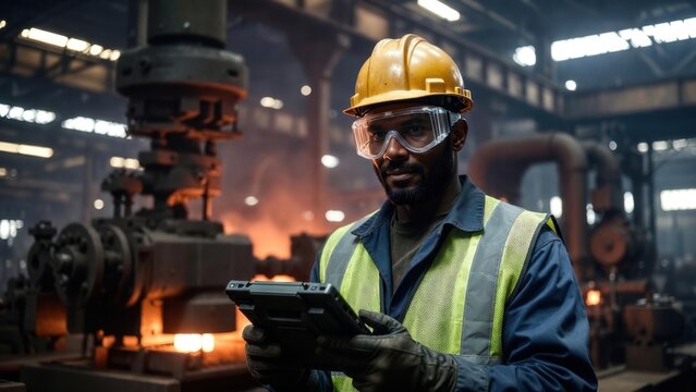 Maintenance engineer checking tablet on factory production floor
