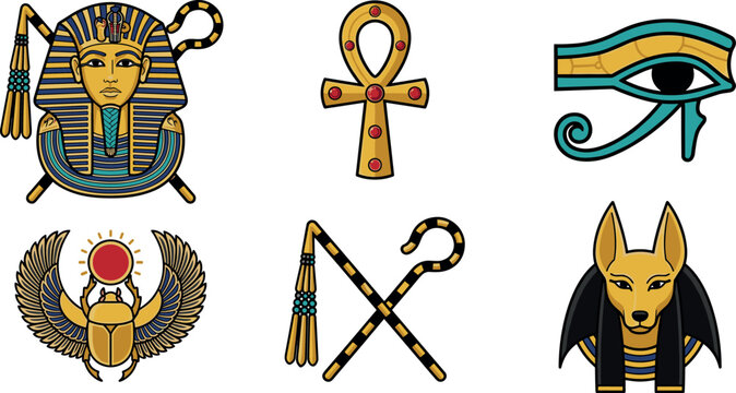 Ancient Egyptian Symbol Vector Icon Set Featuring Pharaoh King Tutankhamun Mask Ankh Cross Eye of Horus Scarab Beetle Crook and Flail and Anubis