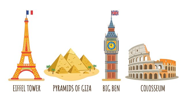 Cartoon world landmarks set, illustrated Eiffel Tower, Pyramids, Big Ben, flat vector, colorful, isolated white, no people no animals

