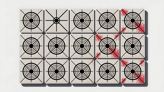Target Practice: A grid of ceramic tiles, each featuring a target graphic, arranged in a precise layout. Some tiles are marked with red streaks, hinting at impacts and missed shots.