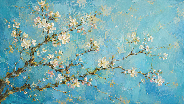Impressionist Oil Painting of White Blossom Flowers on Branch Against Textured Blue Background, Floral Spring Nature Art with Impasto Brushstrokes