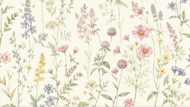 Watercolor Wildflower Meadow Seamless Pattern with Pastel Botanical Flowers