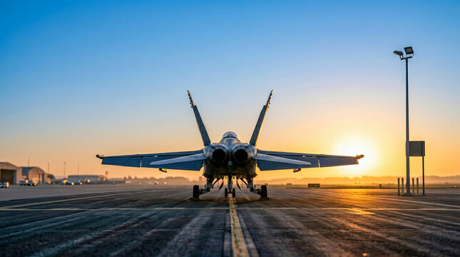A military jet is positioned on the runway at an airbase as the sun sets in the background. The scene shows the aircraft ready for action against a colorful sky