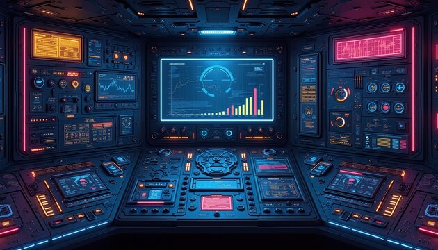 Futuristic control panel displays complex data graphs charts, indicators. Command center with advanced interface screens buttons, glowing lights. Sci fi tech dashboard for space ship digital system.