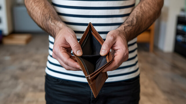 Empty Wallet Blues: A person holds an empty leather wallet, signifying financial hardship or a lack of money, prompting reflection on personal finance and economic struggles.