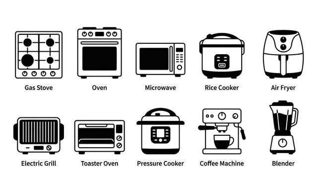 Kitchen Electronics Countertop Appliances Silhouette Icons with Labels