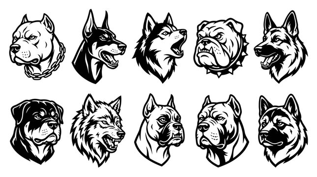 Aggressive Dog Breeds and Wild Wolf Head Mascot Set