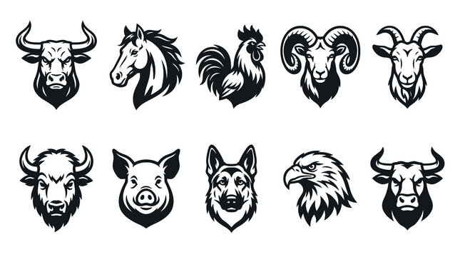 Wild Predators and Farm Animals Head Mascot Emblem Set