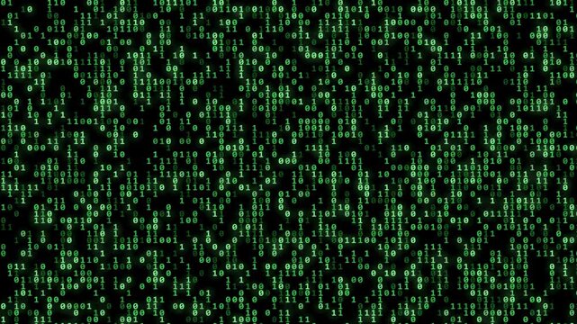 Binary code numbers sequence animation. Abstract green digital data stream on black background. Cyber security matrix style cyberpunk glitch texture, programming motion graphic seamless loop