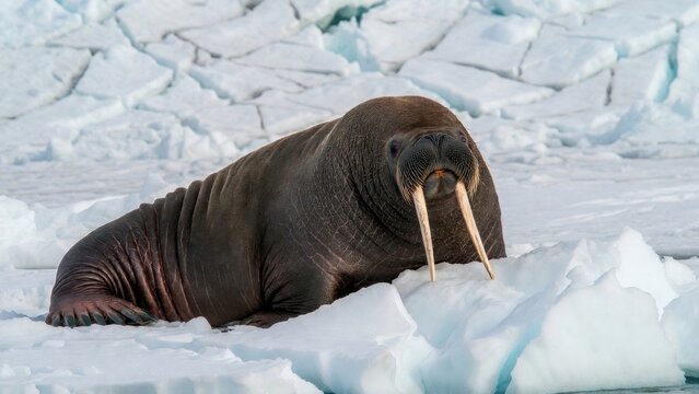 Walrus lying on ice floe in arctic sea during overcast day