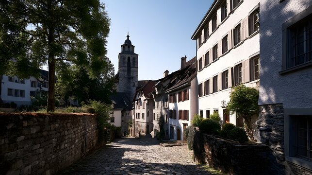 A tranquil view down a narrow sunlit stone alleyway between historic European buildings and a distant tower