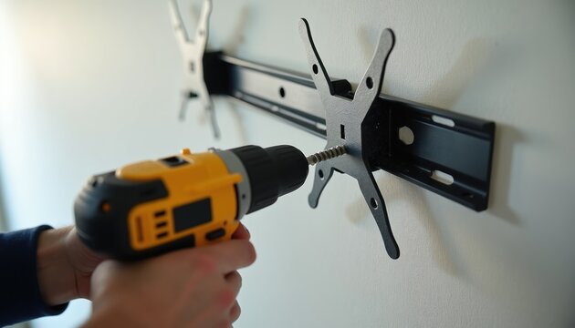 Man fastens TV mount bracket to wall with power drill. He installs modern home entertainment system, fixing support on interior plaster surface. DIY home improvement project for tv setup.
