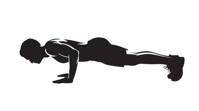Push Up Exercise Vector Silhouette of Fit Man Doing Plank Workout Position