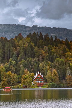 Local oarsman stand-up rowing on a tourist pletna (wood boat) past a stately house, on way to the island in the middle of Lake Bled. Bled-Slovenia-024