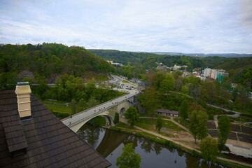 Fototapeta premium Panoramic view of an old European town from a castle height.