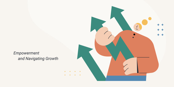 Flat design illustration of a business person surrounded by upward growth arrows, representing empowerment and navigating success. Ideal for business, leadership, strategy, and motivational content.
