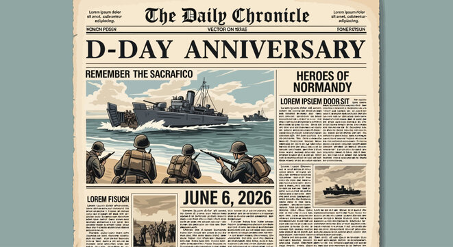 Retro Vintage Newspaper Headline Commemorating D-Day Anniversary with Landing Craft and Soldiers