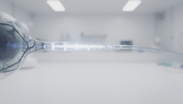 Side angle view of a firing neuron highlighting the sharp electrical signal traveling through the axon set in a sterile white lab environment with a blurred surrounding