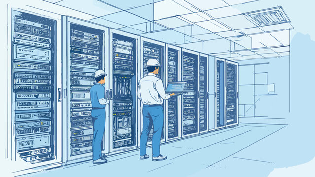 It engineers working on server racks in data center