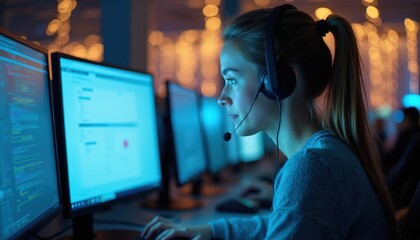 Fototapeta premium Young woman wearing headset works on computer. Girl types on keyboard, looks at screen with code. Office with bokeh lights, IT job, programmer, coding.