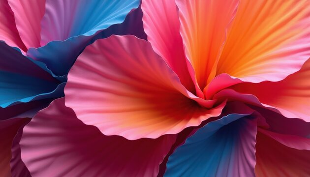 Abstract vibrant petals swirl in a dynamic bloom. Pink orange blue shades blend. Smooth curves form a beautiful organic pattern. Modern graphic design art.