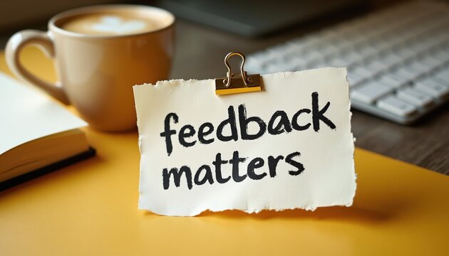 Note on desk says feedback matters. Coffee cup, open book, and keyboard nearby. Minimalist office setup conveys importance of input for improvement and growth.