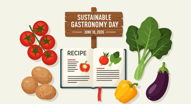 Sustainable Gastronomy Day Flat Lay Vector Illustration with Fresh Local Organic Vegetables and Zero Waste Concept