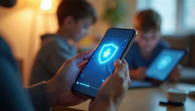 Parent uses smartphone with security icon for childs online safety. Kids use tablets with protection graphics. Family manages digital world privacy at home.
