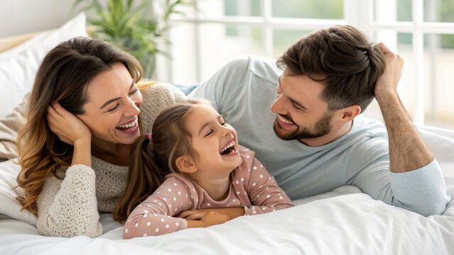 Happy Family Laughing Together on Bed at Home