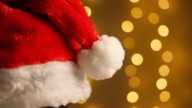 Festive red and white cap with bokeh background