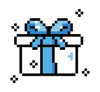 Pixelated Present. A charming pixel art illustration of a white gift box adorned with a bright blue ribbon and bow, surrounded by sparkling embellishments.