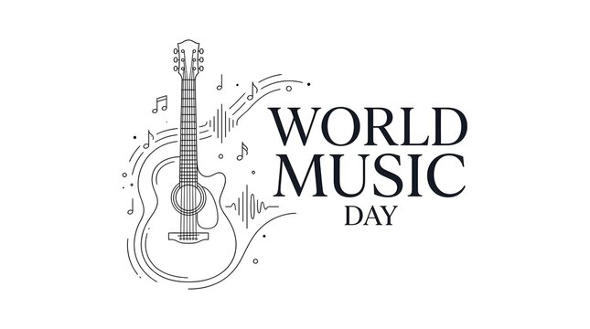 World Music Day Minimalist Logo Template with Elegant Line Art Acoustic Guitar and Flying Notes Isolated on White Background