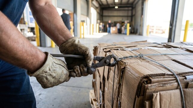 Warehouse worker using metal pincers to cut the wire binding a large cardboard bale