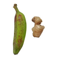 One fresh green plantain banana and a piece of raw ginger root for healthy cooking and nutrition © Rubina