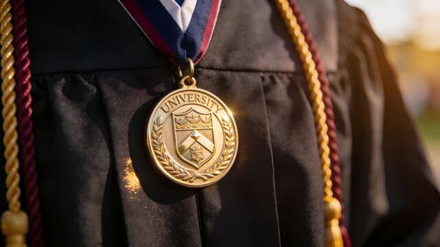 Graduate proudly wearing formal academic regalia including a traditional black gown and a shiny university medal around the neck, standing against a blurred campus background, success and achievement