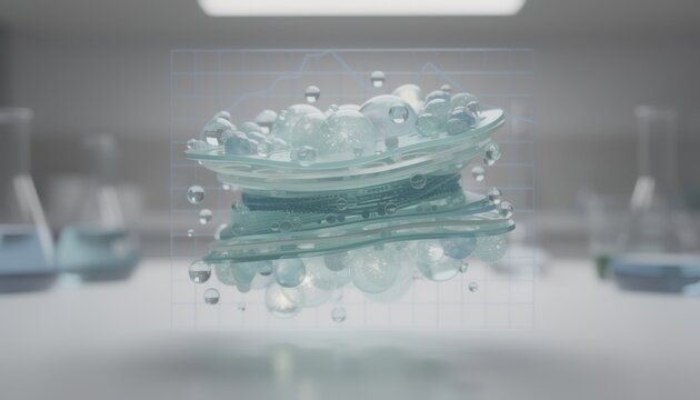 Shallow depth of field on a 3D Golgi apparatus model emphasizing translucent membrane layers and vesicle structures set in a clean lab with soft blue grid overlay and focused rim
