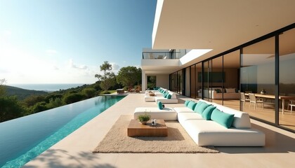 Naklejka premium Modern minimalist villa with infinity pool overlooking sea. White couches and outdoor seating on terrace. Large glass windows show interior living and dining spaces with ocean view.