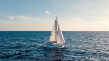 Fototapeta premium Sailing yacht moving on calm sea under clear sky horizon