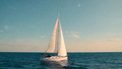 Fototapeta premium Sailboat cruising with white sails on calm sea at sunset