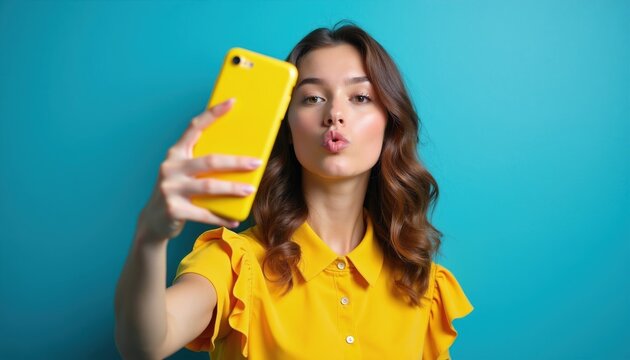 Young woman takes selfie with yellow smartphone. She puckers lips for kiss, making duck face for photo. Casual portrait against bright blue background.