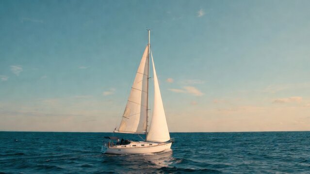 Sailboat cruising with white sails on calm sea at sunset