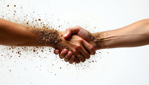 Two hands shake as dirt particles fly apart. Symbolizes a fragile connection or a deal falling apart. Represents agreement breaking or temporary alliance forming on white background.