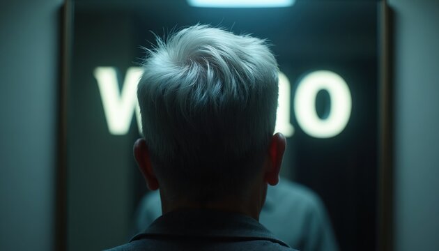 Elderly man looks in mirror at WHO text reflection. Senior person questions identity, ponders self awareness and existential thoughts. Man contemplates life.