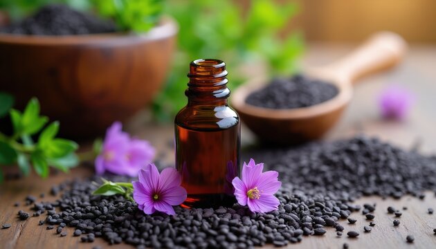 Black cumin oil in amber bottle with seeds and purple flowers. Essential liquid for health and beauty. Natural remedy ingredient for wellness and skincare. Organic product for aromatherapy.