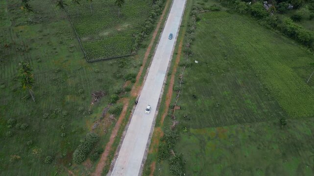 Aerial View Rural Highway Cutting Through Farmland, Long Straight Road Bordered By Green Fields And Scattered Farm Buildings, Palm Trees And Irrigation Ponds Visible, Minimal Traffic, Drone Survey