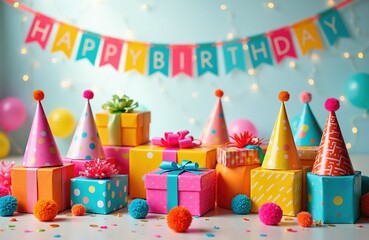 Obraz premium Festive birthday party scene with colorful gift boxes, polka dot hats, and a celebratory banner. Decorations suggest a fun event for kids or adults. Atmosphere is cheerful and vibrant.