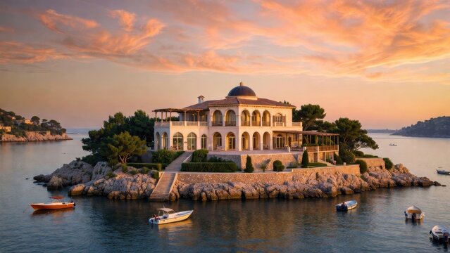 Villa perched on rocky islet during warm sunset
