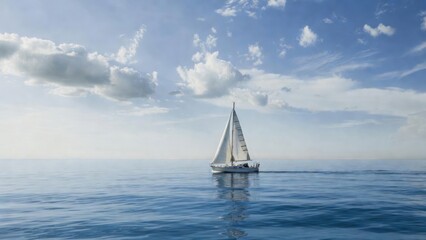 Fototapeta premium Sailboat gliding on reflective ocean under clear midday sky