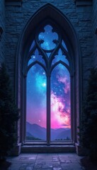 Obraz premium Gothic window frames a vibrant starry night sky with colorful nebulae. Distant mountains form a silhouette beneath the celestial display. Stone architecture and evergreen trees flank the view.